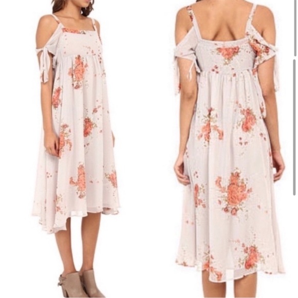 Free People | Women’s Grey/Coral Floral Tied To You Cold-Shoulder Midi Dress S - Picture 14 of 15